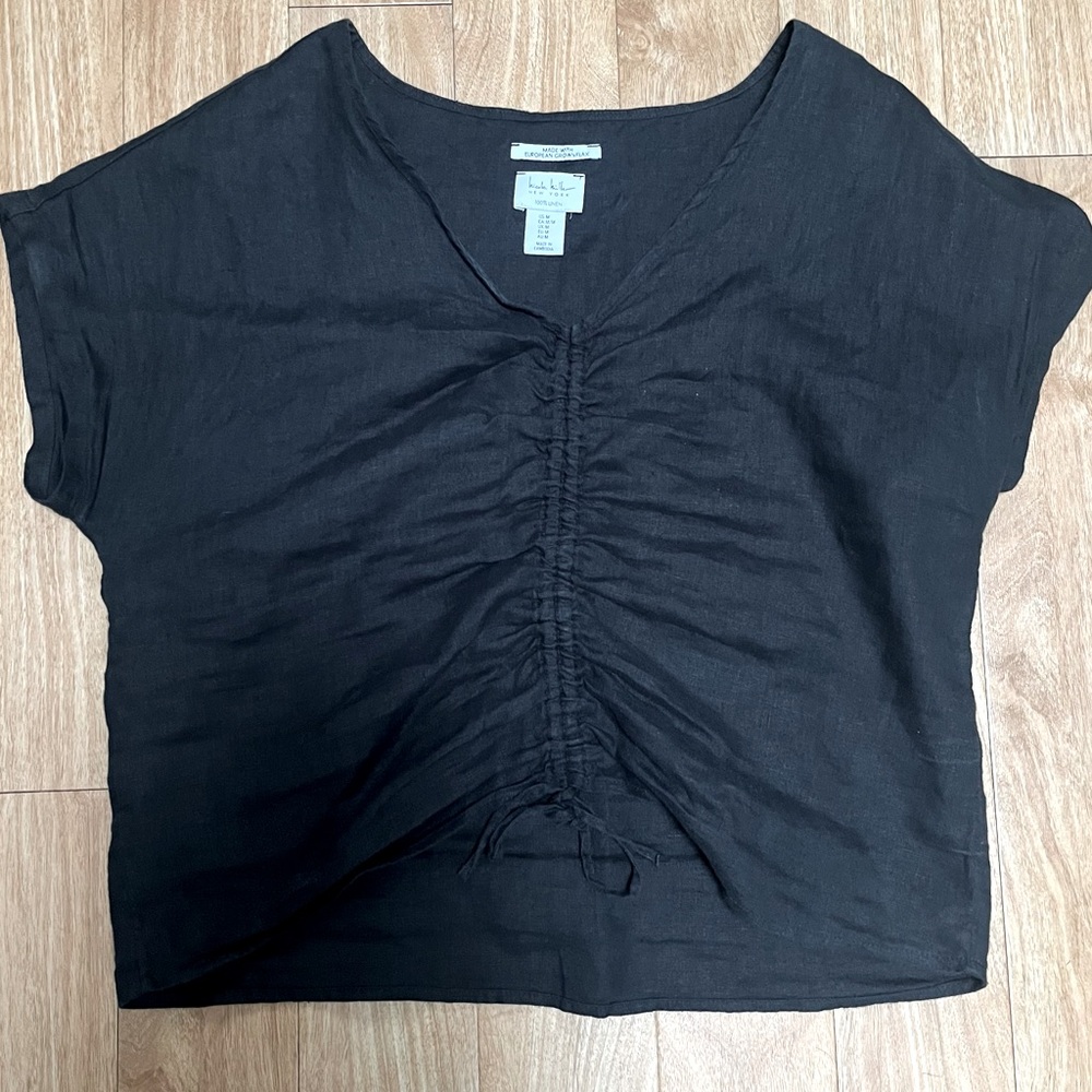 Nicole Miller 100% Linen Tie Front V-Neck Blouse, Black Size M